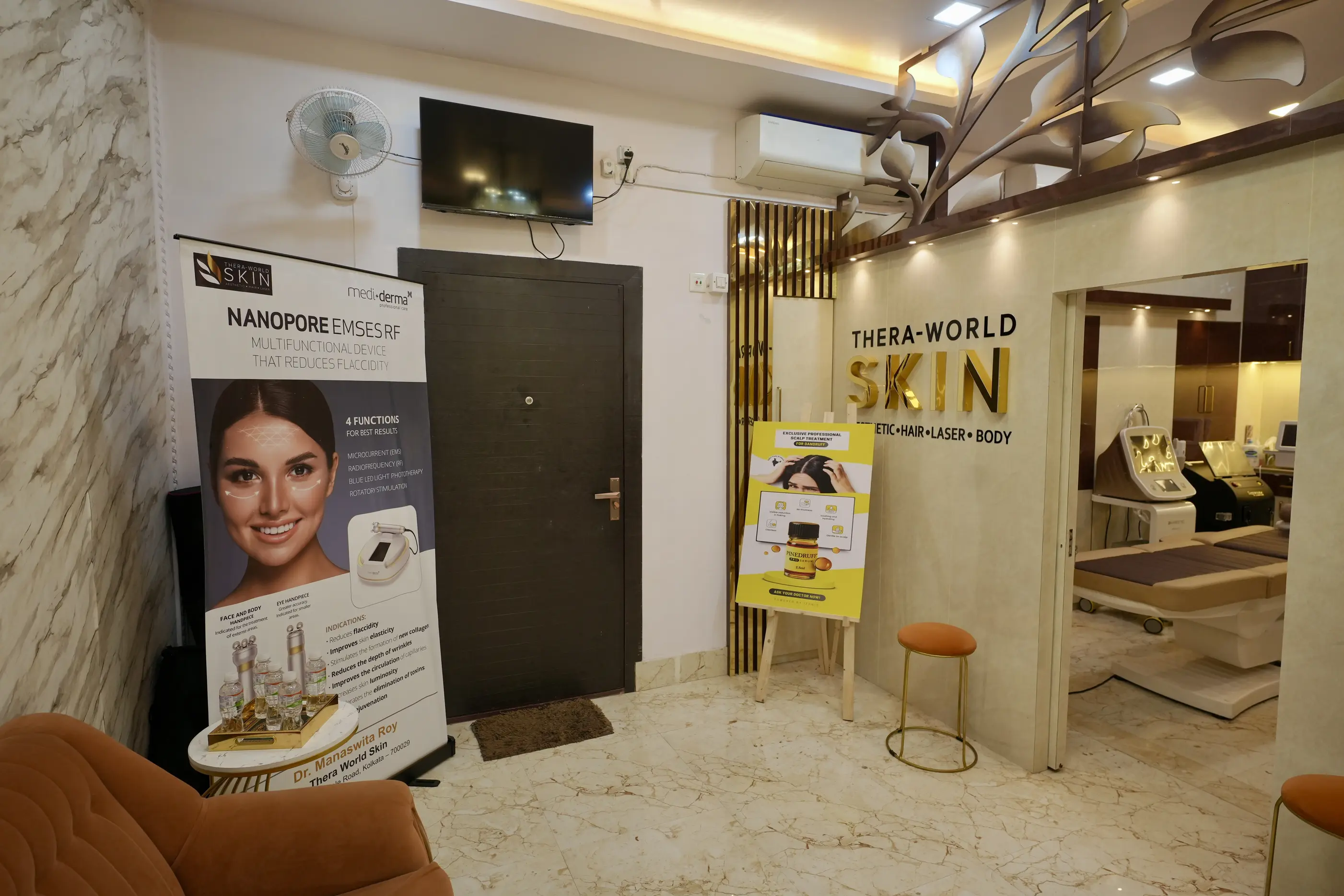 Thera-World Skin clinic lobby with treatment posters